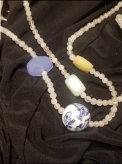 Asian Chinoiserie Bead Necklace & Yellow, Green,White Jade/jadeite, 35″sterling