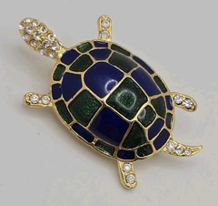 Vintage Turtle Brooch Pin Blue Green Enamel Gold Tone Clear Rhinestones