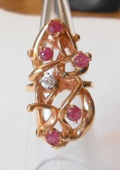 Impressive Ruby & Diamond 14K Yellow Gold Ring Large Organic Free Form Size 5