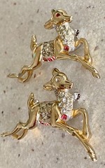 Lot of 2 Vintage Reindeer Brooch Rhinestone Gold Tone Christmas Pin