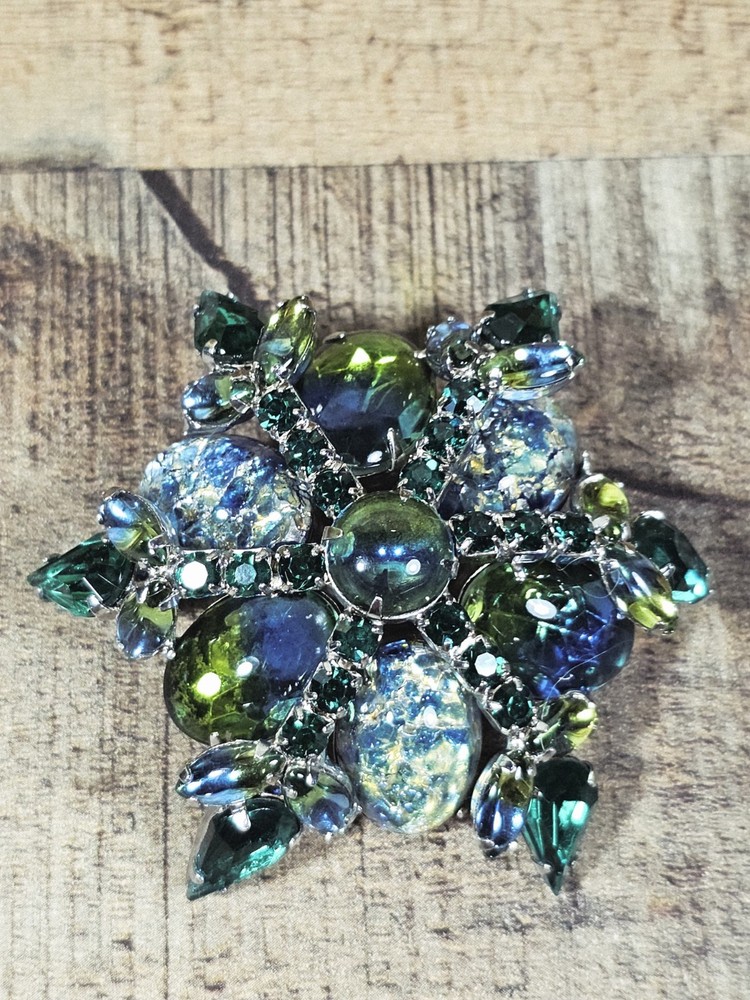 VTG Silvertone Blue & Green Split Color, Confetti Glass, Rhinestone Floral…