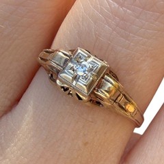 1930s Art Deco 10K Gold Diamond Engagement Ring Two Tone Illusion Sz 7.25