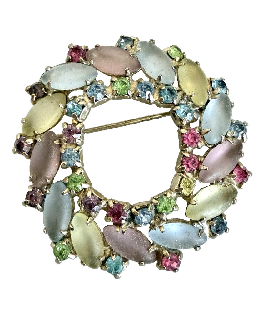 Vintage Silver Tone Unsigned Juliana DeLizza Pastel Glass & Rhinestone Brooch