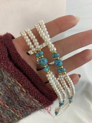 Pearl And Turquoise Station Strand Necklace Gold Tone Clasp Vintage 28”