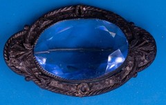 Vintage Ornate Oval Brooch Dark Tone Metal 1.75″ L Blue Glass Victorian Style