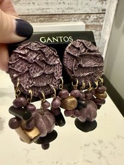 Vintage 80’s Gantos Huge Purple Leather & Wood Earrings New