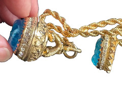 Nettie Rosenstein Carved Glass Fob Necklace earring Demi Paru Gold Tone