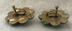 Faux Jade Green Cabochon, Flower Clip-On, Twist Back Earrings, Vintage, JWL-1054