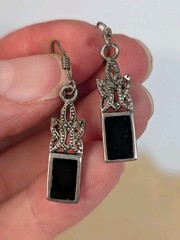Vintage Sterling Silver 925 Art Deco Style Marcasite Black Onyx Dangle Earrings