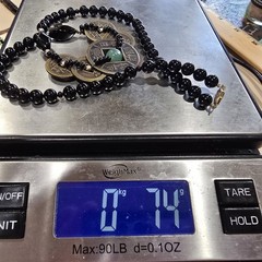 Chinese 5 FULU Coin 23″ Necklace w/Black Onyx/Obsidian Beads & Center Jade Stone