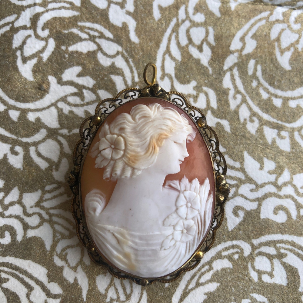 Beautiful Shell Cameo Brooch / Pendant , Vintage or Antique, Filagree Bezel