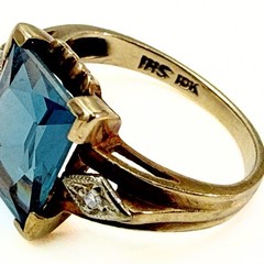 Antique Art Deco Marked 10K Emerald Cut Blue Topaz Diamond Ring Sz 4