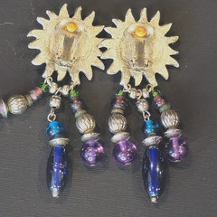 VTG Boho Sunburst Clip‑On Earrings Mixed Glass Metal Beads