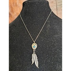 Old Sterling Silver Bear Paw Turquoise Feather Dangle Pendant Necklace 925 Chain