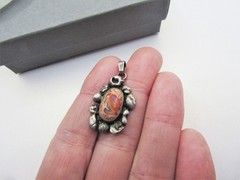 Vintage Mexican Sterling Silver Cantera Fire Opal Pendant- Orange Rainbow Stipe