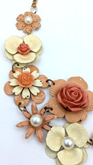 Vintage Enamel Flower Statement Necklace Pink Cream Floral Bib Mod Pop Art