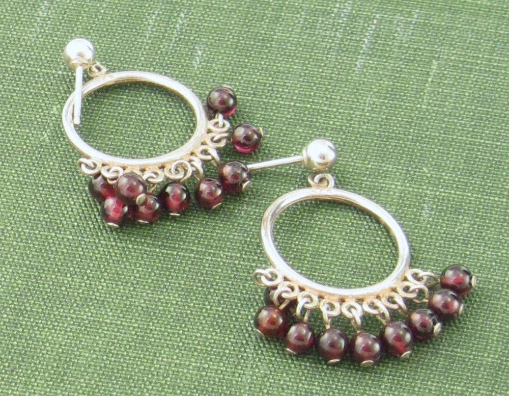90s Estate Almandine Garnet Bead Fringe Sterling Drop Post Hoop Earrings