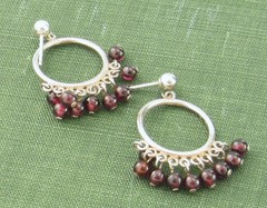 90s Estate Almandine Garnet Bead Fringe Sterling Drop Post Hoop Earrings