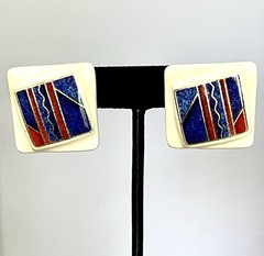 Vintage Memphis Style Geometric Earrings Blue Red Cream Abstract Postmodern Art