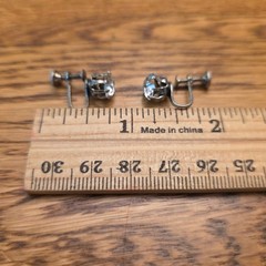 Vintage Silver Tone Clear Crystal Screw Back Earrings Round Solitaire 1950s Gift