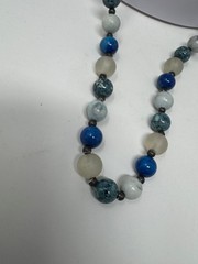Vintage Blue Stone Frosted Sea Glass Bead Necklace Asian Box Clasp 24″