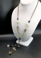 Vintage Glass & Opalite Beaded Tassel Necklace Faux Lariat Black Chain 27″ Long