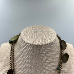 Green Beaded Charm Necklace Double Strand Antique Brass Tone Dangle Disc Boho