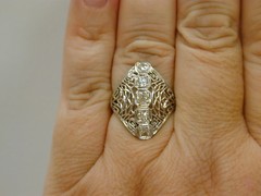 FINE ART DECO 14K WHITE GOLD 1.00 CT 5-STONE DIAMOND FILIGREE DINNER RING~SIZE 8
