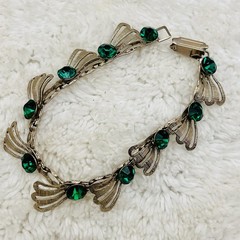 Vintage Green Rhinestone Bracelet Silver Tone Fan Link Open Work Deco Style
