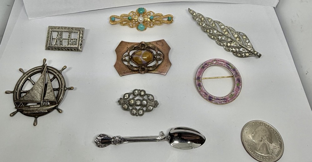 Antique to Vintage Lot of 8 Brooches ~ All Wearable Pot Metal, Enamel & More