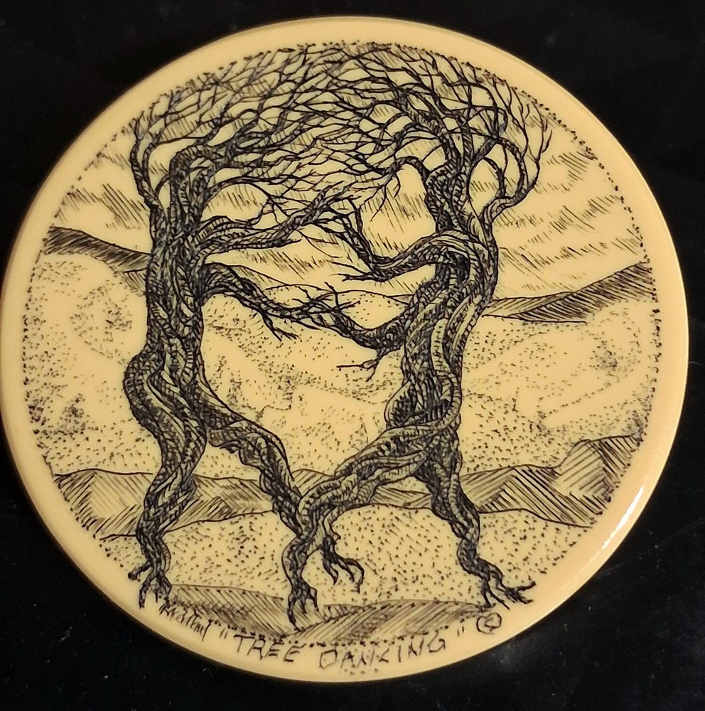 K McClelland Scrimshaw Resin Brooch “The Dancing” Tree Signed Pin