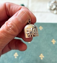 Vintage Sterling Silver Edelweiss Bell Pendant with Clapper 1.25 in Square