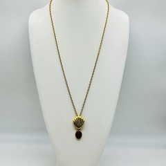 Vintage Signed Weingeroff Scarab Necklace Red Carved Stone Gold Tone Pendant 28″