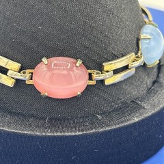 Vintage Pastel Cabochon Link Bracelet Pink Blue Purple Silver Tone 7.5”