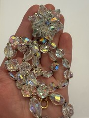 Vintage AB Coated Crystal Brooch Necklace Jewelry Set SPARKLY