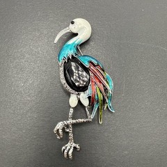 HUGE Heron Bird Brooch Pin Black Rhinestone Colorful Enamel J26