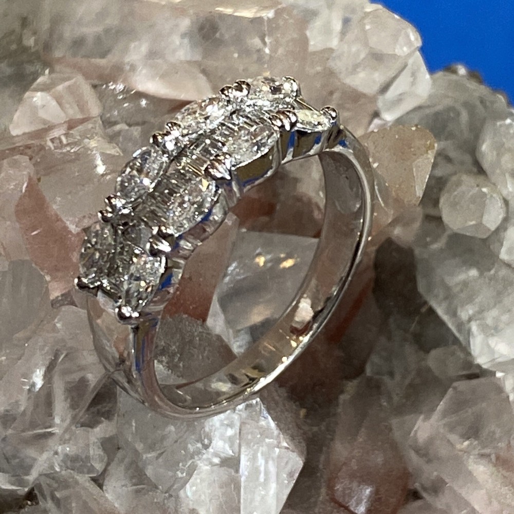 Vintage 14K White Gold Marquise & Tapered Baguette Diamond Ring Size 6.5