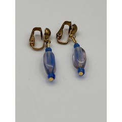 Vintage Gold Tone Blue Clear Beaded Dangle Drop Clip On Earrings