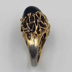Brutalist Chunky Cocktail Ring 60s Black Resin Cabochon Gold Tone Costume Sz 9