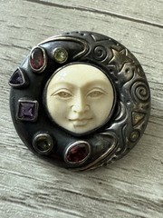 MYSTIC MOON FACE Sterling Silver Amethyst Topaz Carved Goddess Pendant Brooch