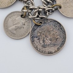 Vintage Coins From Around the World Charm Bracelet Souvenir 1924 to 1956 7.5″