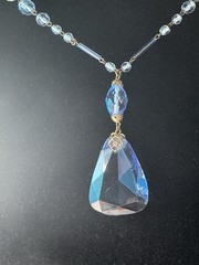 Antique Art Deco Blue Czech Glass Teardrop Necklace 21” Brass Filigree 1920s