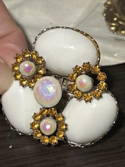 Vintage Milk Glass Opaline Cabs Topaz Large Silver Tone Brooch Pin