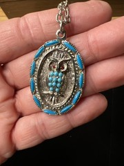 VTG Owl Pendant Necklace Turquoise Cabochon Silver Tone Southwest Style 24”