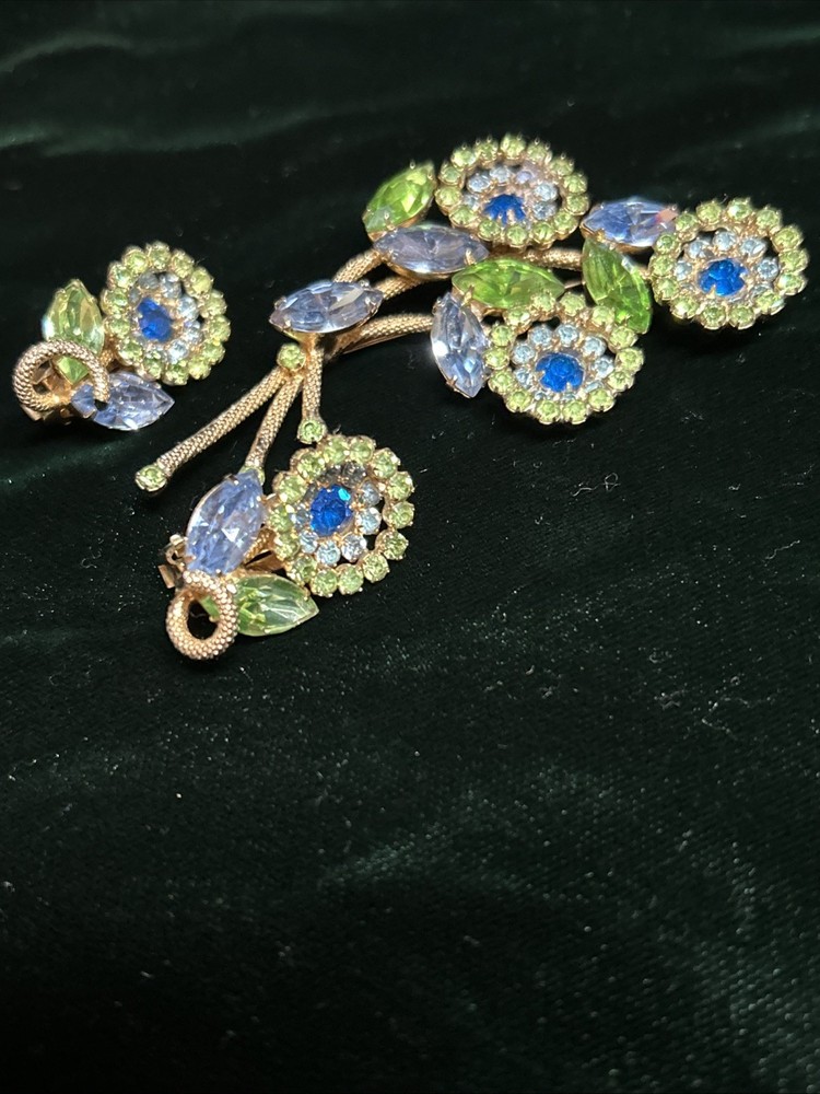 Vtg WEISS Signed Rhinestone Brooch Earrings Set Blue Green Floral Demi Parure