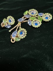Vtg WEISS Signed Rhinestone Brooch Earrings Set Blue Green Floral Demi Parure