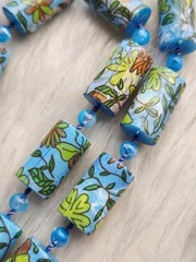 Vintage Blue Polymer Clay Barrel Beads Butterfly Floral Printed Design Necklace
