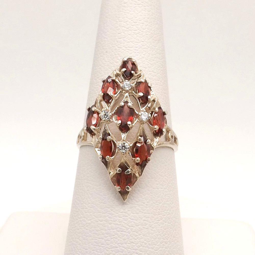 Sterling Silver Natural Marquise Garnet Navette Ring Lattice Clear Stones sz7