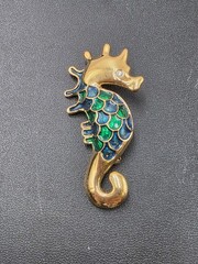 Vintage 1980s Gold-Tone Enamel Seahorse Brooch | Blue & Green Coastal Ocean Pin