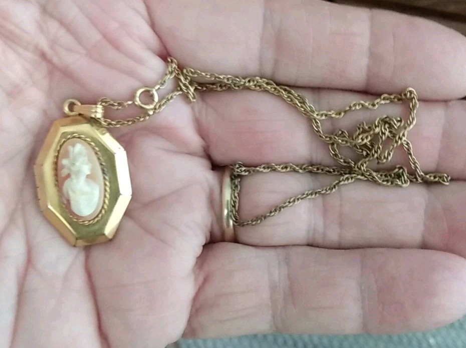 Antique 12 k gold filled Cameo Hexagon Shaped Double Picture Locket & Chain